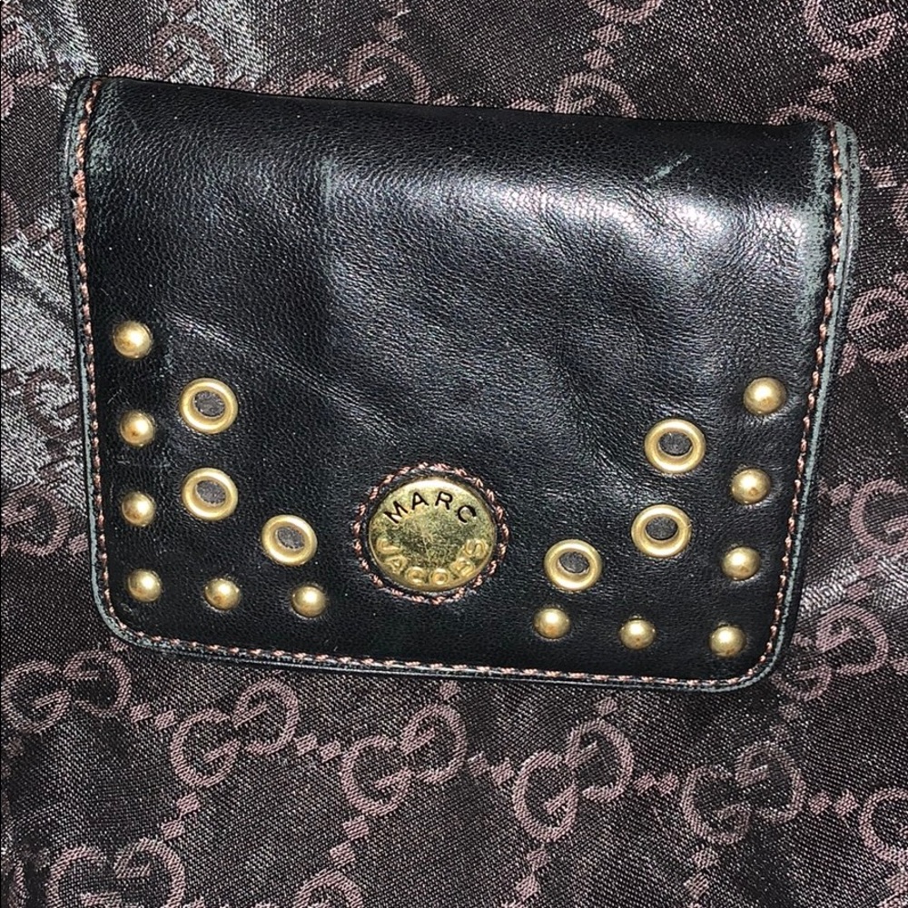Marc Jacobs Black Leather Studded Small Wallet with Gold Hardware